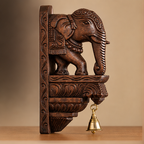 Hand-Carved Wooden Elephant Wall Bracket with Brass Bell