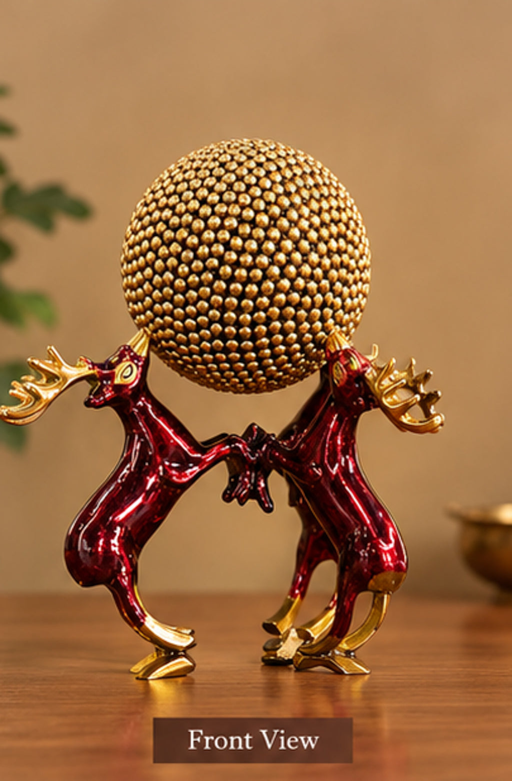 Royal Brass Reindeer Sculpture with Ornate Golden Sphere