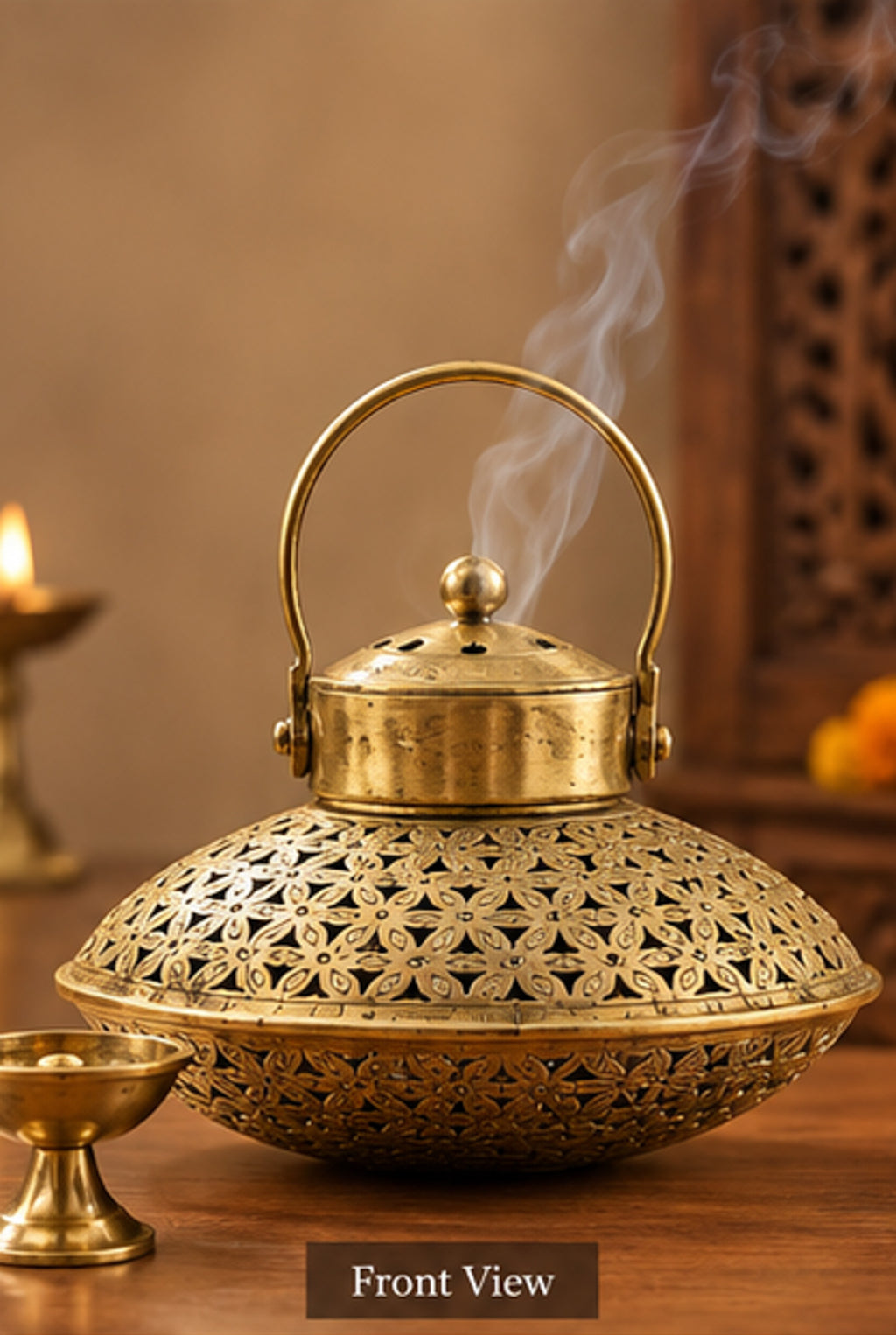 Handcrafted Ornate Jali Cutwork Brass Incense Burner – Antique Gold Finish