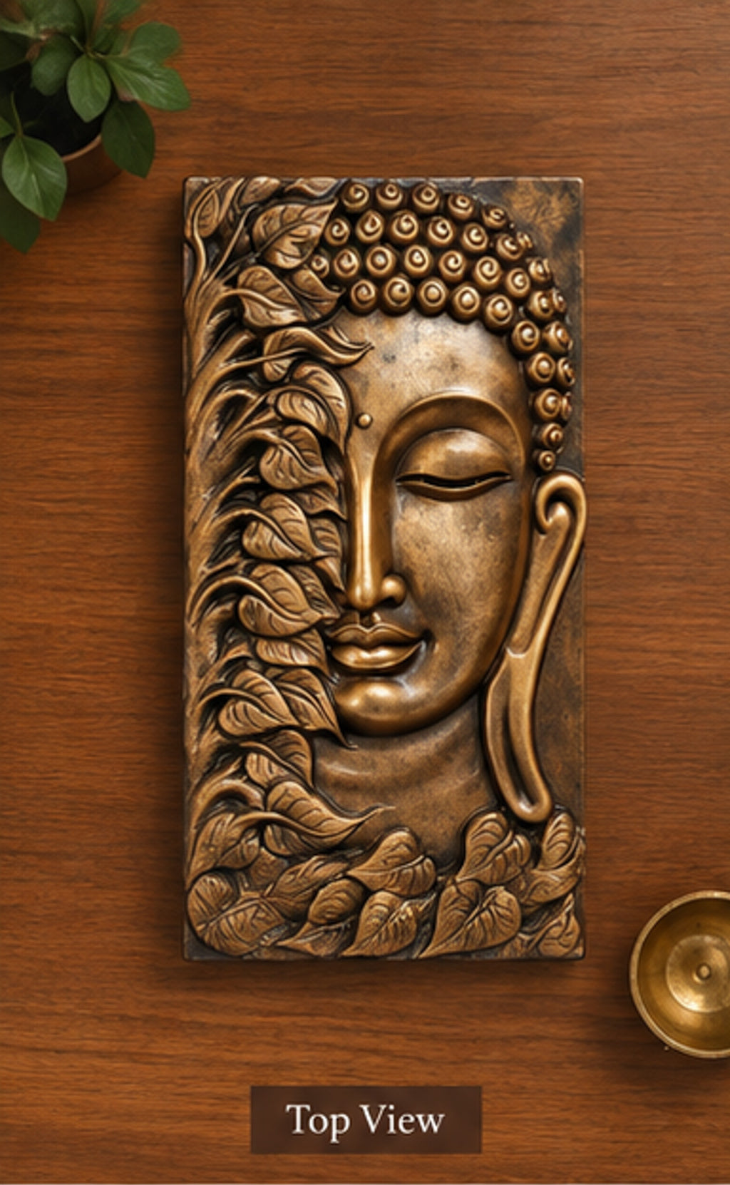Handcrafted Wooden Buddha Wall Plaque with Leaf Motif – Antique Finish