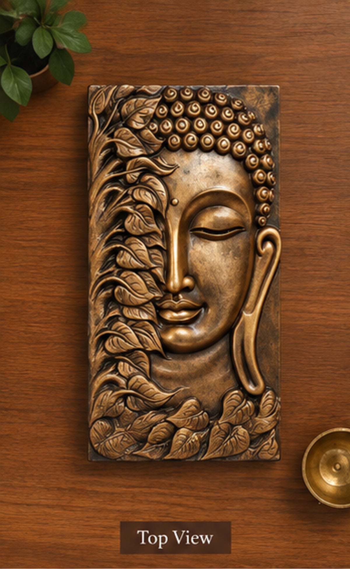 Handcrafted Wooden Buddha Wall Plaque with Leaf Motif – Antique Finish