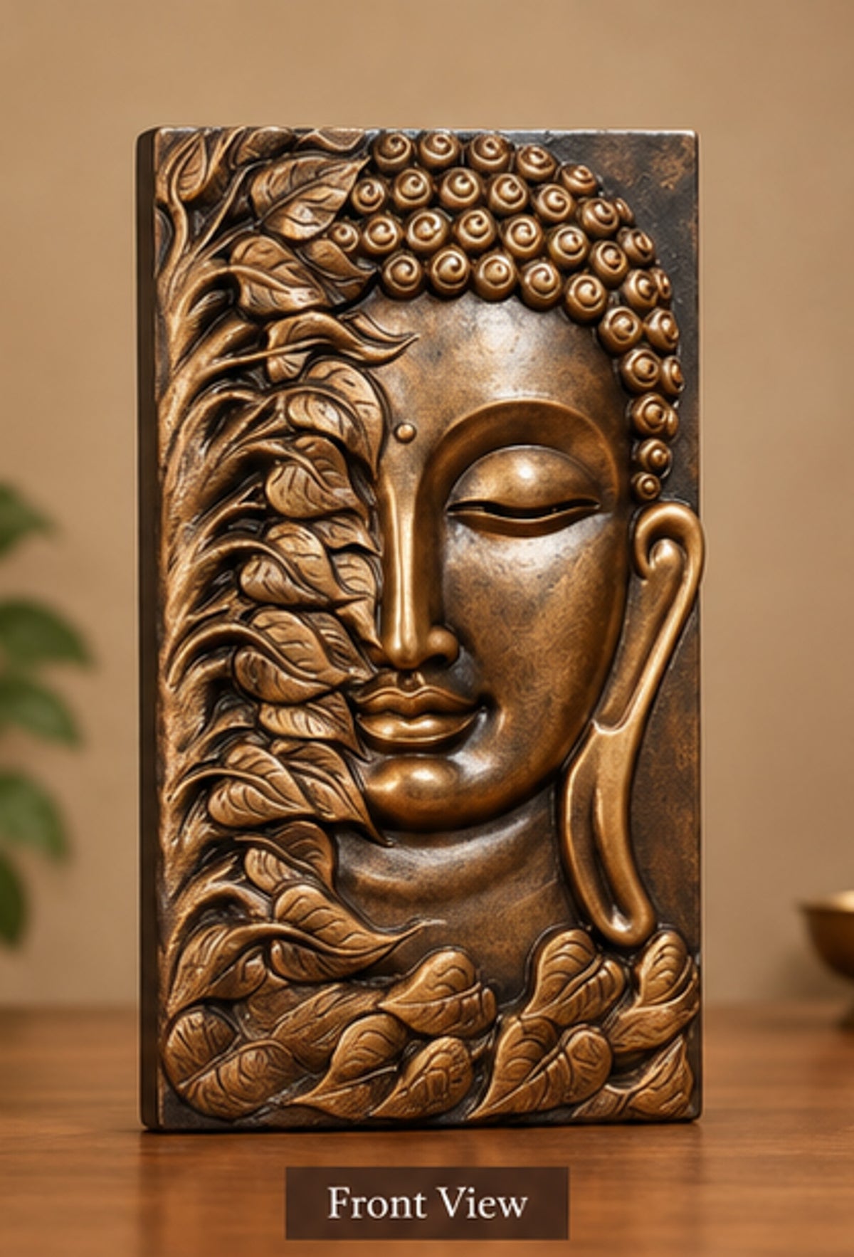 Handcrafted Wooden Buddha Wall Plaque with Leaf Motif – Antique Finish