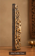 Handcrafted Wooden Buddha Wall Plaque with Leaf Motif – Antique Finish