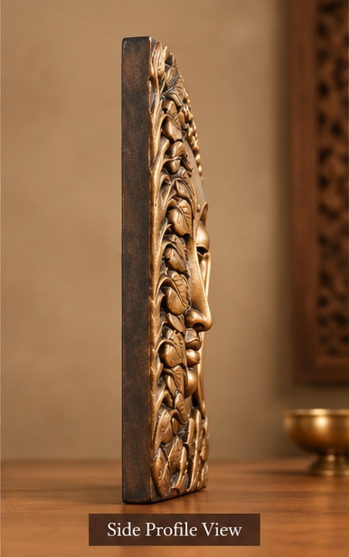Handcrafted Wooden Buddha Wall Plaque with Leaf Motif – Antique Finish