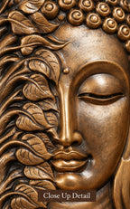Handcrafted Wooden Buddha Wall Plaque with Leaf Motif – Antique Finish