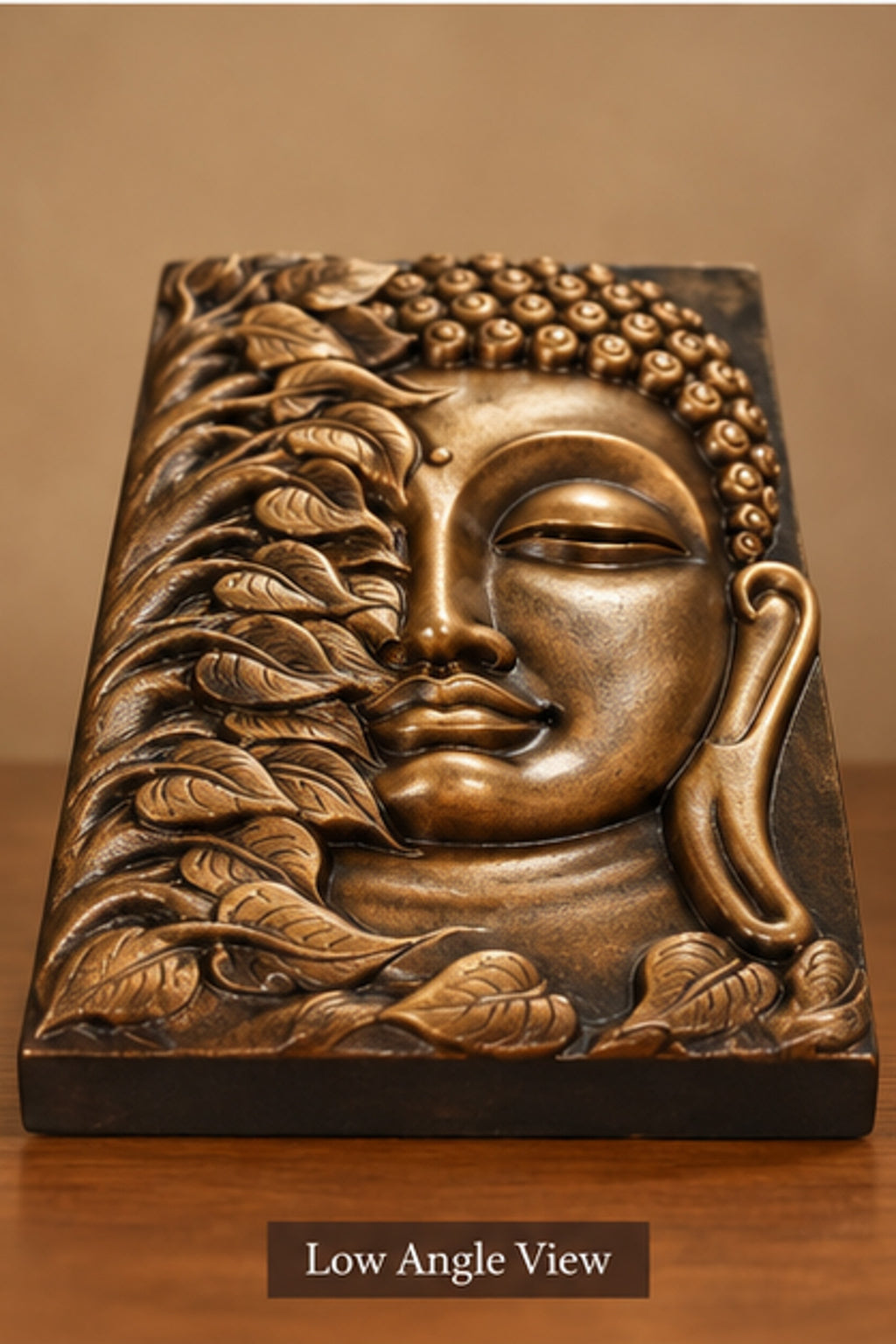 Handcrafted Wooden Buddha Wall Plaque with Leaf Motif – Antique Finish