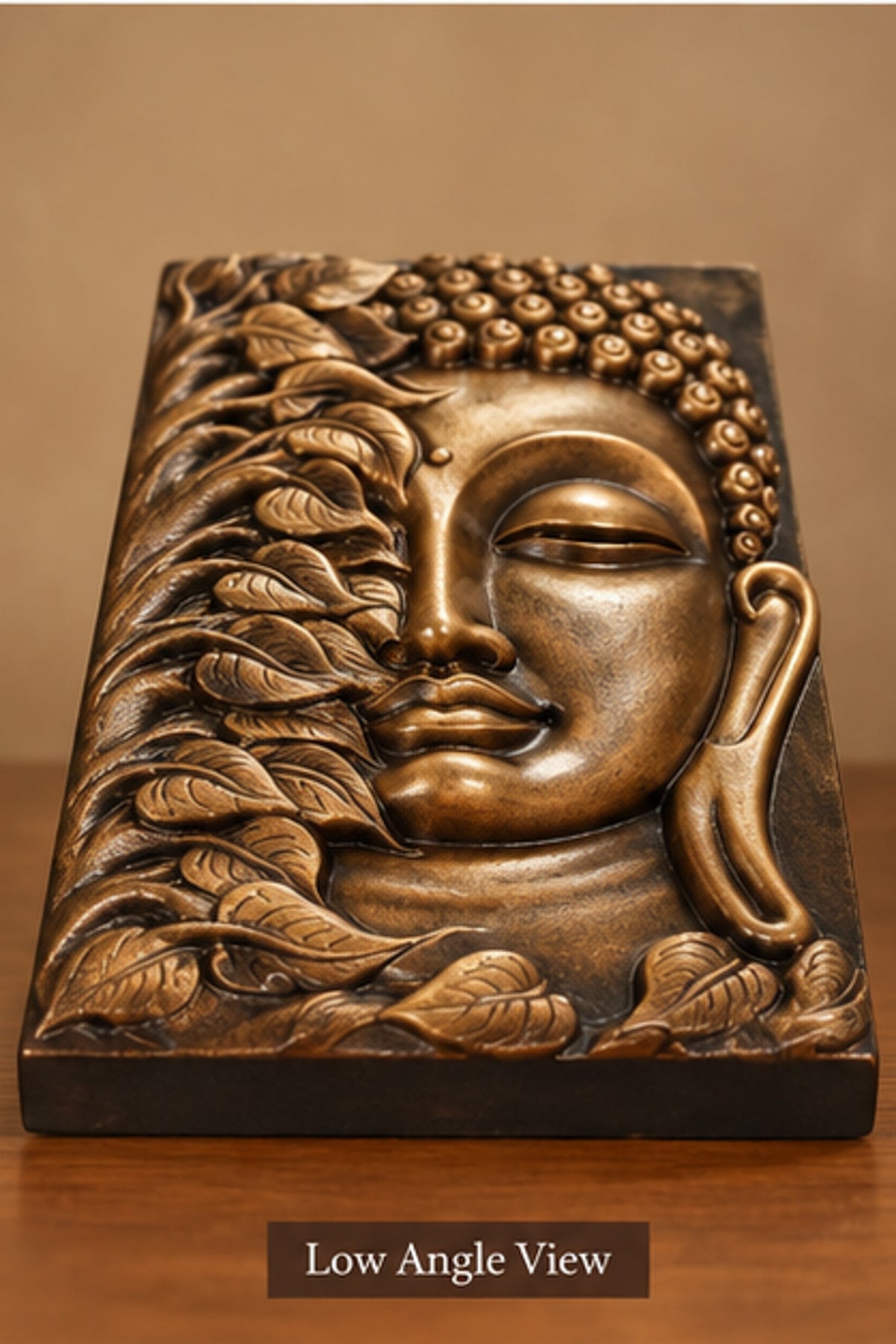 Handcrafted Wooden Buddha Wall Plaque with Leaf Motif – Antique Finish