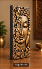 Handcrafted Wooden Buddha Wall Plaque with Leaf Motif – Antique Finish