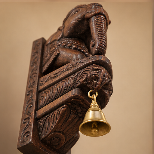 Hand-Carved Wooden Elephant Wall Bracket with Brass Bell
