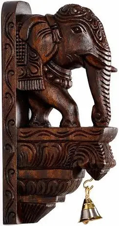 Hand-Carved Wooden Elephant Wall Bracket with Brass Bell
