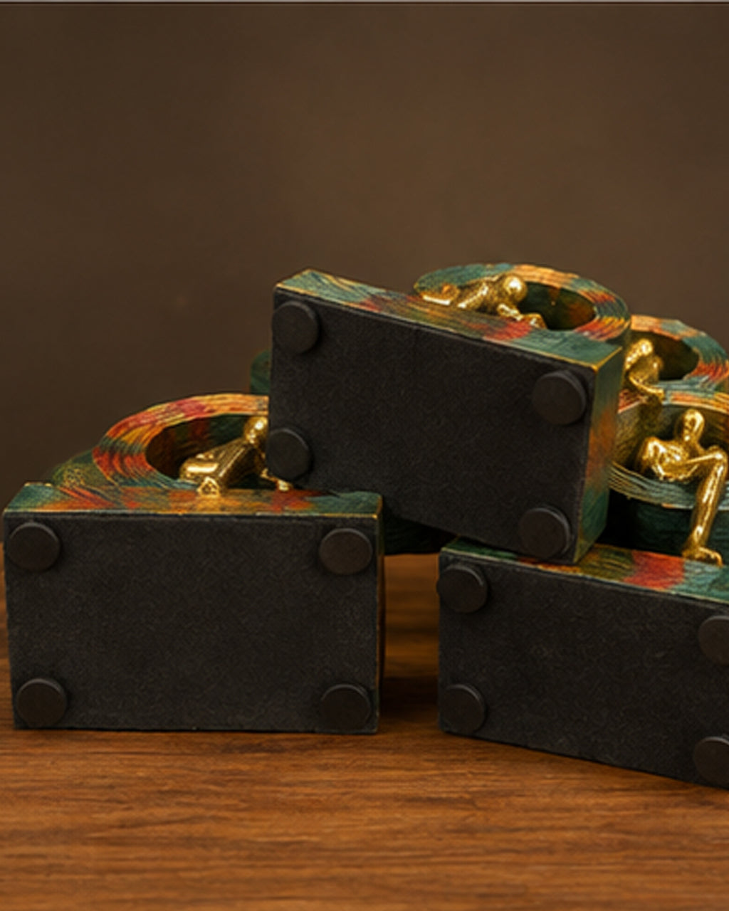 Wood & Brass Contemplation Sculpture Set – Set of 3