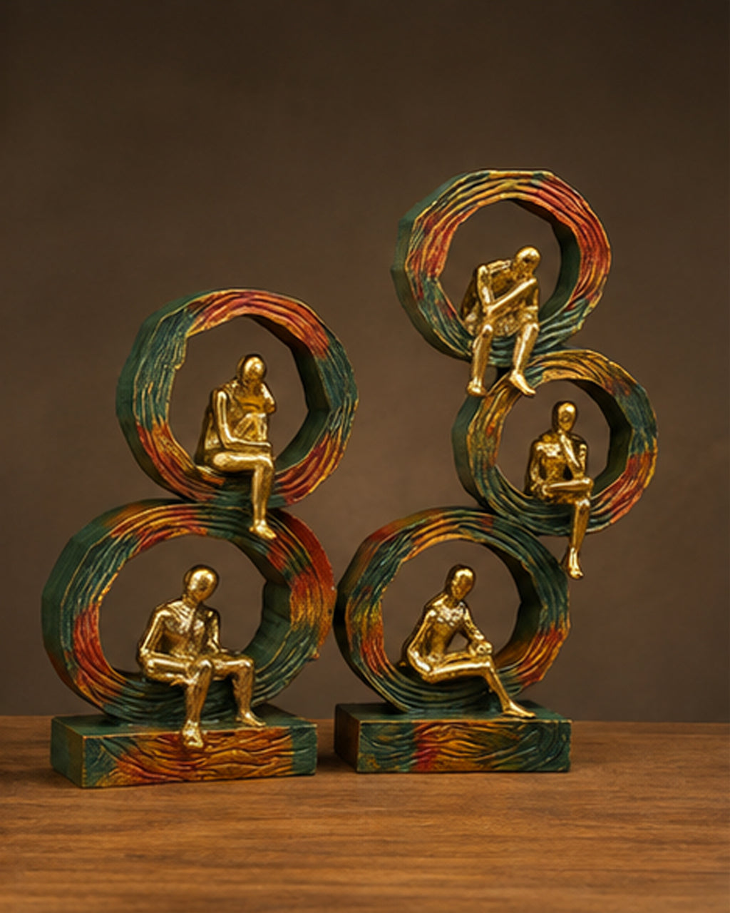 Wood & Brass Contemplation Sculpture Set – Set of 3