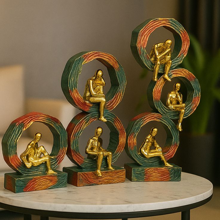 Wood & Brass Contemplation Sculpture Set – Set of 3